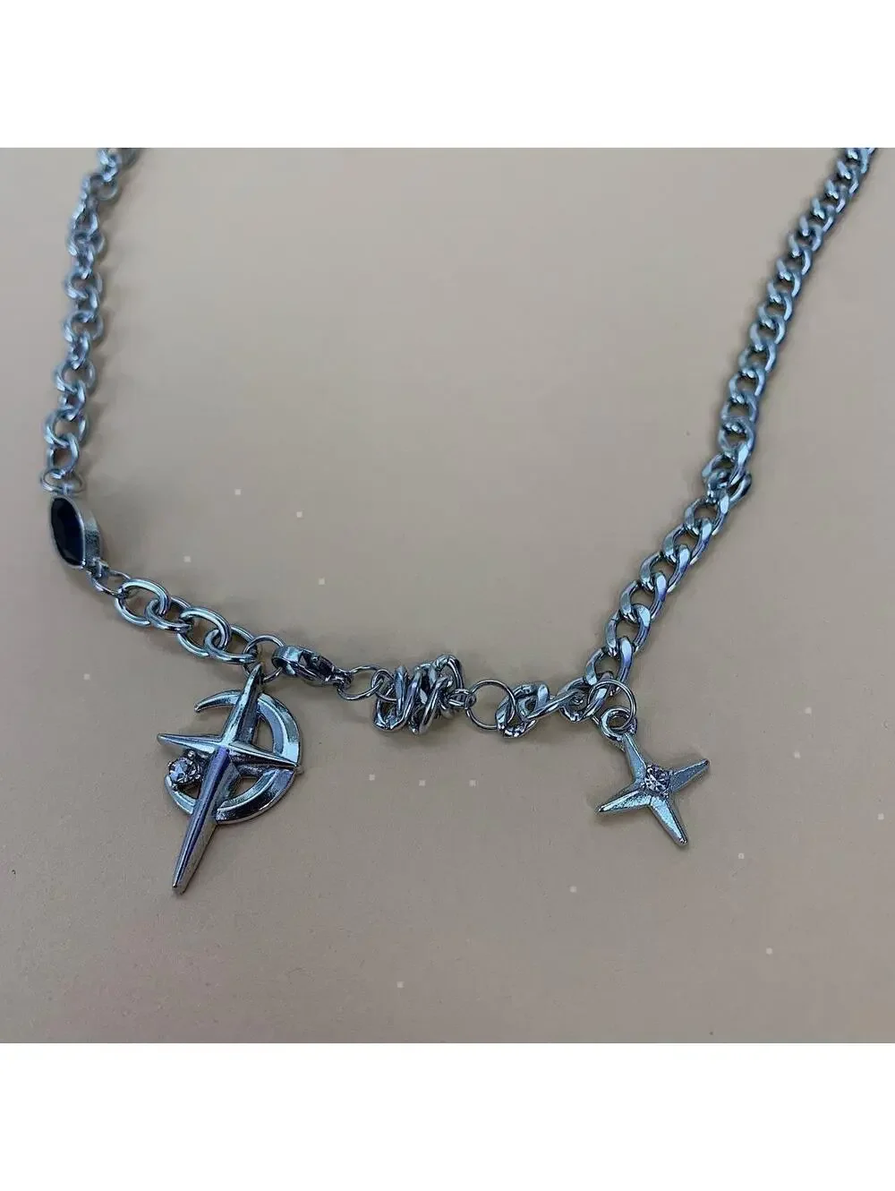 Y2k 2000s punk grunge crystal cross and opal pendant necklace chain. 20 inches